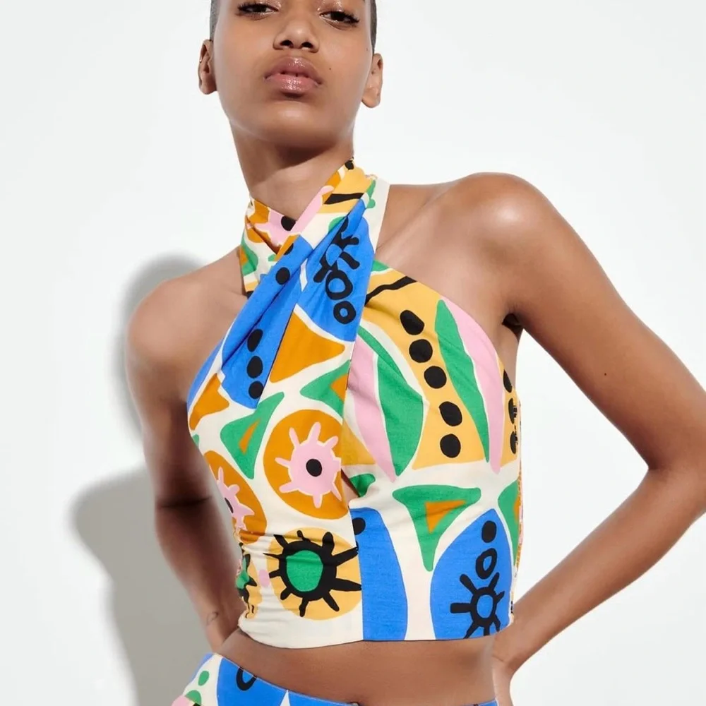 Zara top cropped halter multicolor printed summer blouse - Picture 5 of 8